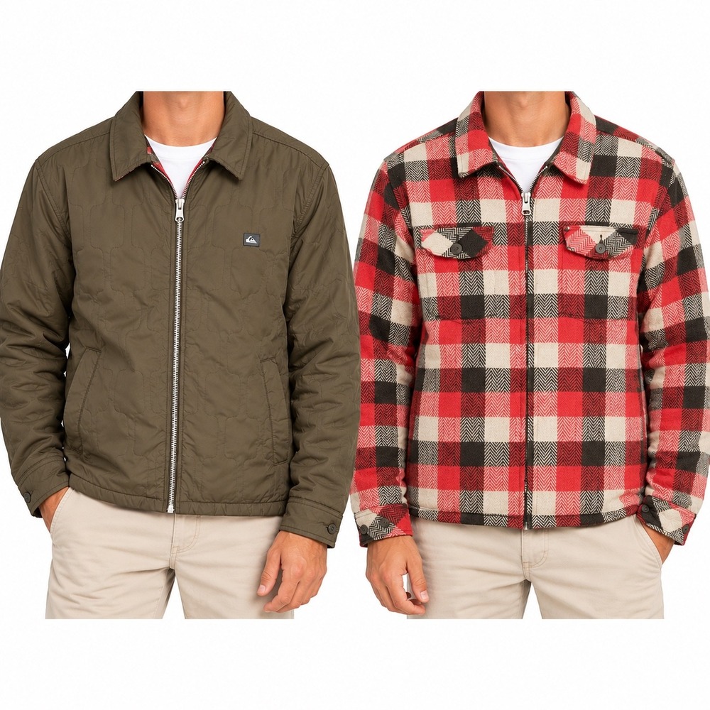 Quiksilver Mens Reversible Jacket Red Plaid Flannel Quilted Olive Brown Full Zip
